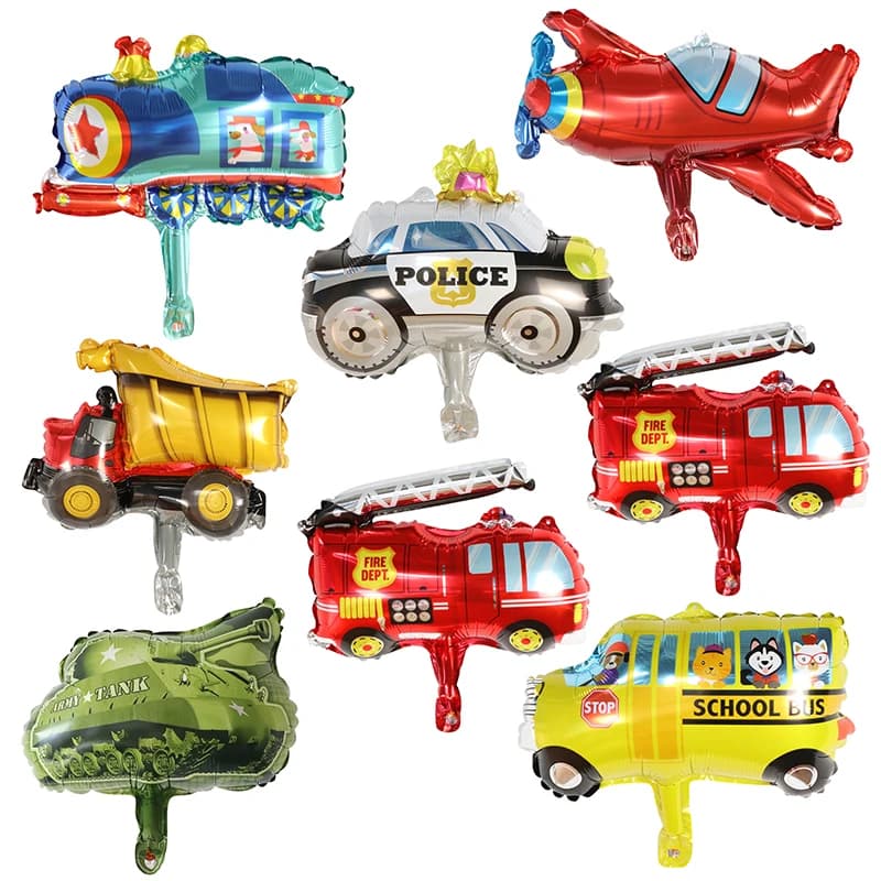 10 pezzi mini cartone animato auto palloncini foil aereo serbatoio ambulanza camion dei pompieri treno aria globos decorazione festa di compleanno giocattoli per bambini regali
