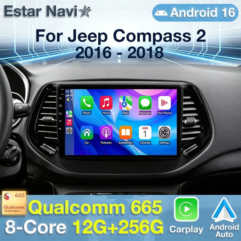 Autoradio Android 16 per Jeep Compass 2 MP 2016 2017 2018 2019, Stereo Multimediale con Navigazione GPS, Lettore Auto Radio, Schermo Carplay