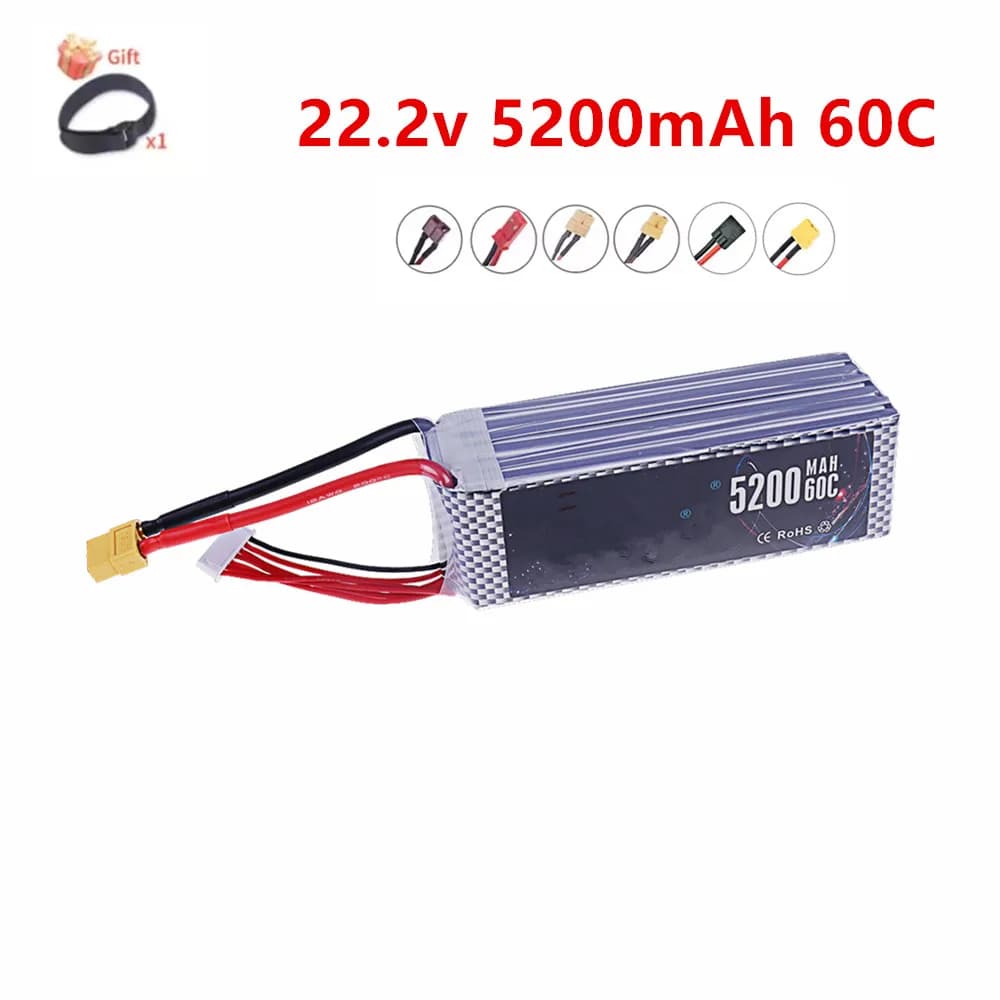 Batteria Lipo 22.2v 5200mAh 60C per Giocattoli RC, Auto, Camion, Barche, Droni, Elicotteri con Connettore XT60 T Deans EC5