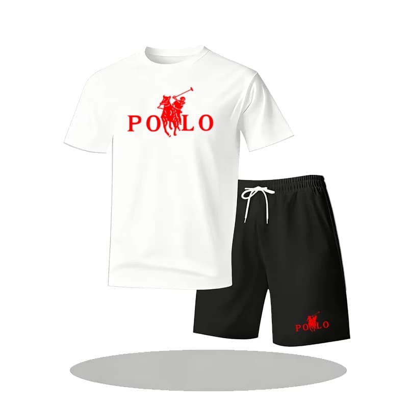 Men's 2 Piece Casual Tracksuit, POLO Horse Print Crew Neck T-Shirt and Drawstring Shorts Summer Sport Outfit Set