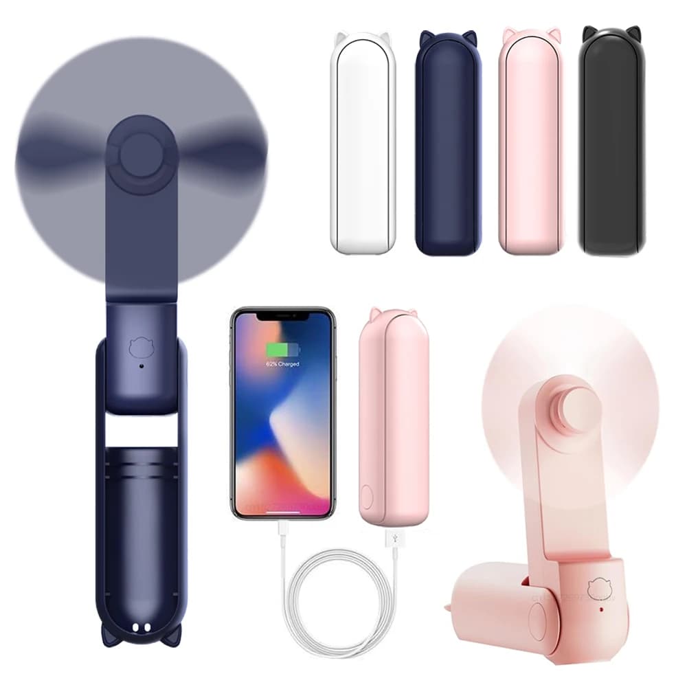 Portable Mini Handheld Fan Small Pocket USB Rechargeable Battery Folding Cooling Hand Mini USB with Power Bank