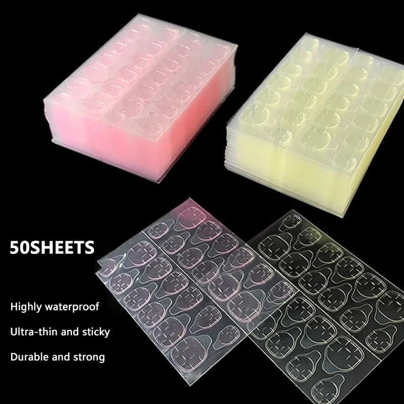 Z. 50 fogli di nastro biadesivo, colla per unghie finte, colla trasparente in gel per unghie finte, cuscinetti in gel per manicure a pressione.