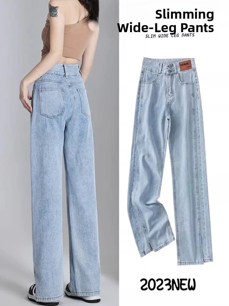 High Waist Wide Leg Jeans Women's Thin Loose Slimming Small Size Summer New Split Narrow Version Straight Leg Pants