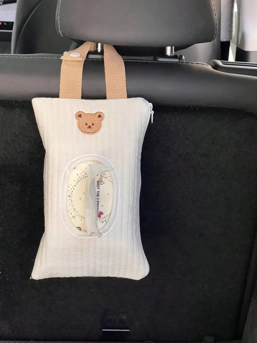 Scatola per fazzoletti per auto in tinta unita da 1 pezzo, borsa per fazzoletti impermeabile con copertura in tessuto, borsa per appendere fazzoletti per passeggino ricamato per bambini