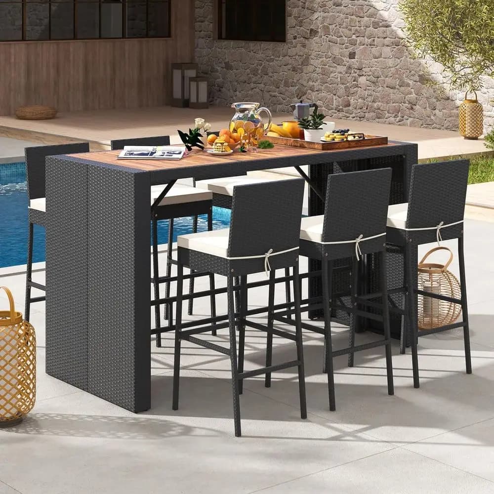 Set da Bar in Vimini per Esterni con Piano in Legno di Acacia e Sedie Imbottite per Pranzo all'Aperto