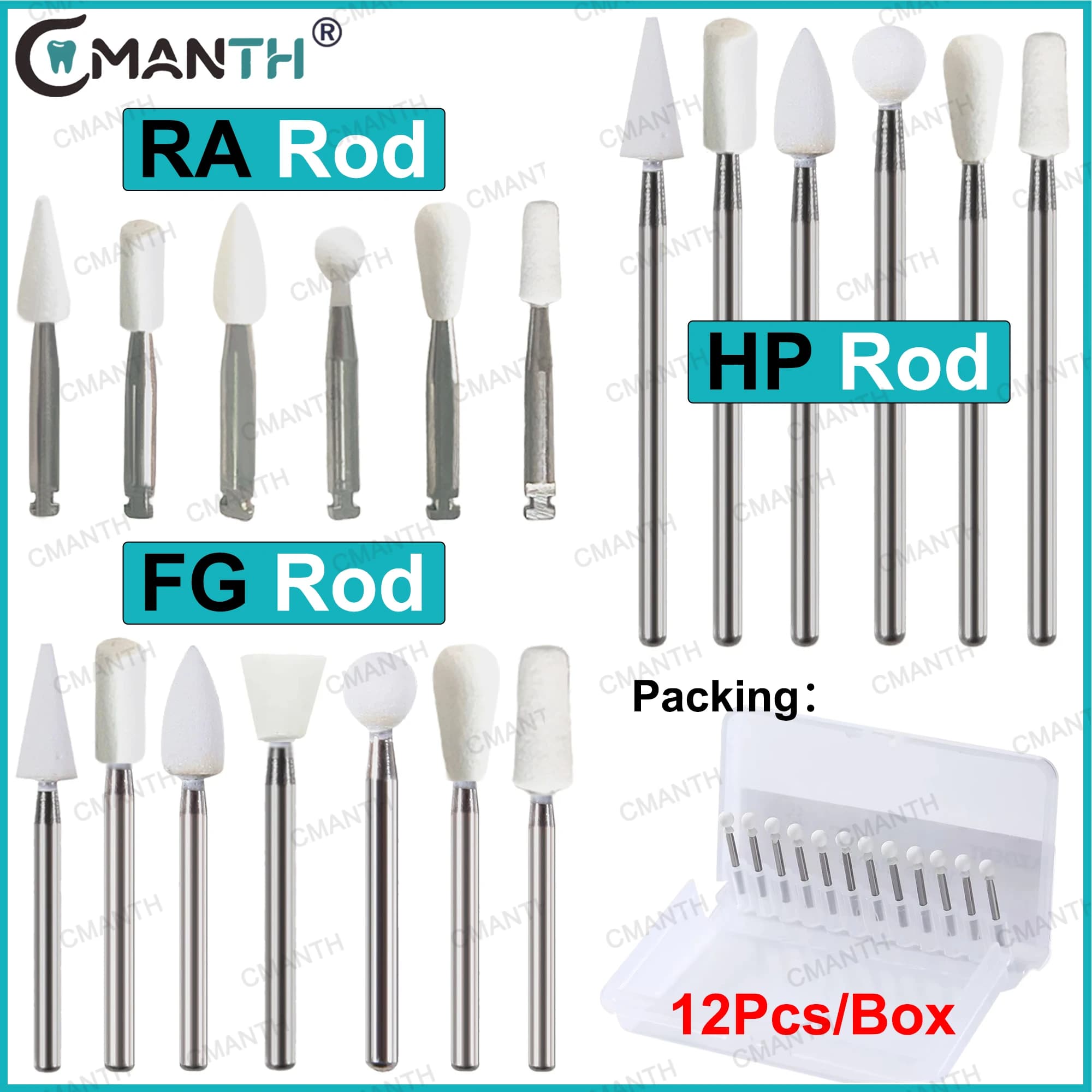 12 Pieces/Screw Briefs in White Stone for Polishing, Abrasive Heads in Cone Shaped Arenary/Fiamma/Rotonda FG/HP/RA, Dental Whitening Tools