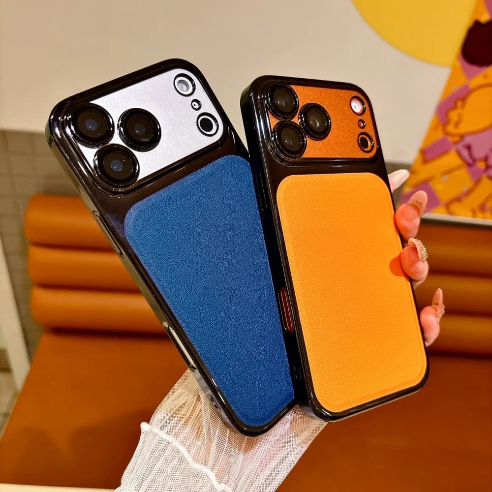 Luxury Solid Color PU Leather Matte Plating Case For iPhone 17 16 15 Pro Max 17Pro 17ProMax Plain Simple Shockproof Bumper Cover