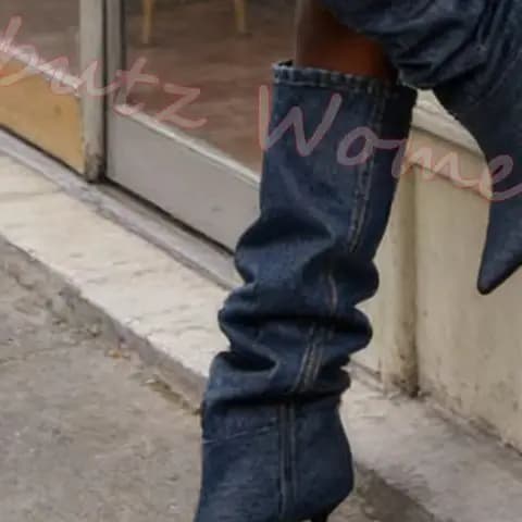 Stivali Elastici Plissettati al Ginocchio Slip-On in Denim e Pelle, Eleganti e Sexy, per Feste, Tinta Unita, Nuovi con Punta Affusolata