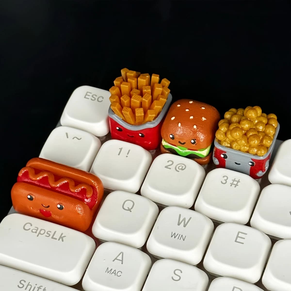 Copritasti personalizzati Burger Patatine fritte stampati in 3D Materiale in resina Colorazione Cibo delizioso Copritasti divertenti Tappo per tastiera meccanica