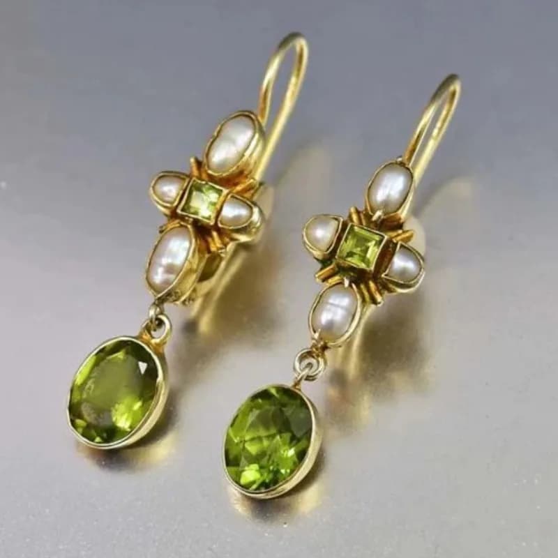 Dazzling Round Geometry Gold Color Earrings for Women Metal Inlaid Green Stone Imitation Pearl Earrings Jewelry