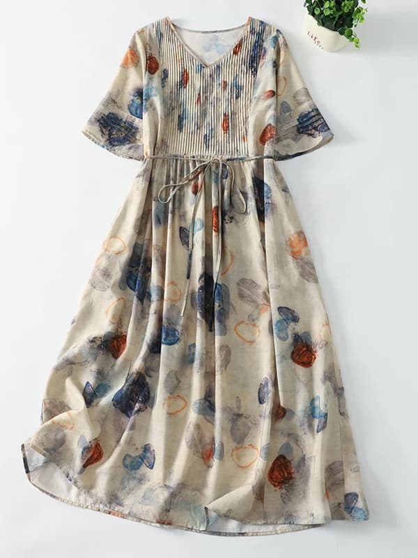 Retro Floral Print Linen Women's Dress Summer Maternity Long Skirt A-Line Midi Dress V-Neck Short Sleeve Midi Skirt