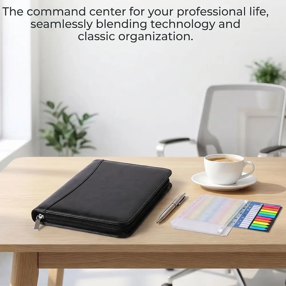 6-Ring File Folder PU Leather Card Holder Work Record Book with Calculator Zippered Closure Business Notebook Business Meeting