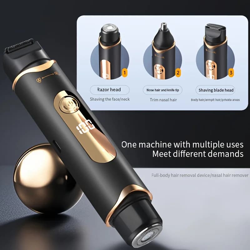 3-in-1 Electric Trimmer: A multi-functional grooming tool suitable for intimate areas, chest hair, beards, and nose hair—equipped with a dedicated nose/ear hair attachment and a cleaning brush.
