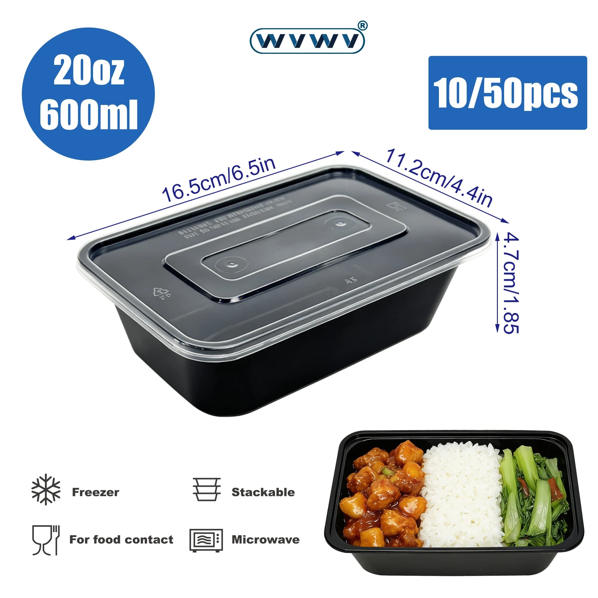 10/50 pezzi Contenitori per il pranzo neri da 20 once/600 ml, contenitori per la conservazione degli alimenti con coperchi, contenitori per la preparazione dei pasti, impilabili, utilizzabili nel microonde, contenitori per la conservazione degli alimenti e per il pranzo riutilizzabili, adatti per l'organizzazione del frigorifero, la conservazione dei residui, i picnic, i pranzi scolastici e gli utensili da cucina