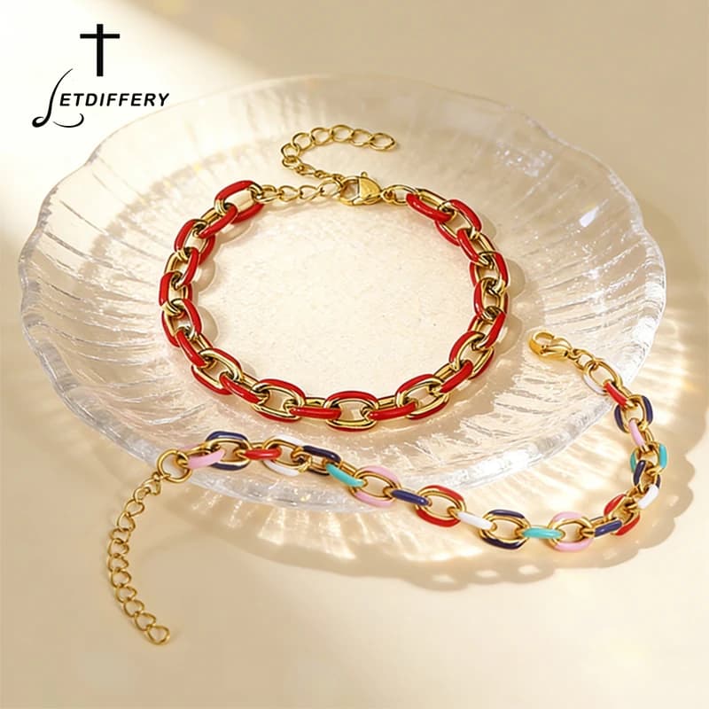 Letdiffery Fashion Colorful Chain Bracelet for Women Stainless Steel Red Black Random Color Glazed Link Bracelet Jewelry Gifts