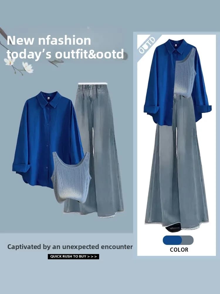 Design Sensation Blue Women's Shirt Jacket Loose Wide Leg Jeans Three Piece Set Summer Fashion Polyester Fiber Button C...