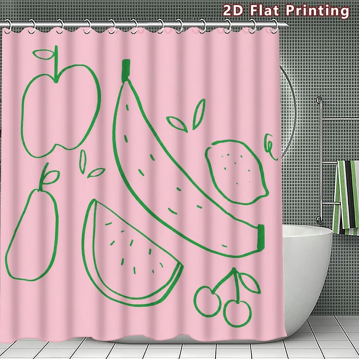Tenda da doccia rosa con frutta, motivo artistico a linee verdi, simpatico design moderno con mela, banana e anguria, decorazione impermeabile per bagno in tessuto di poliestere