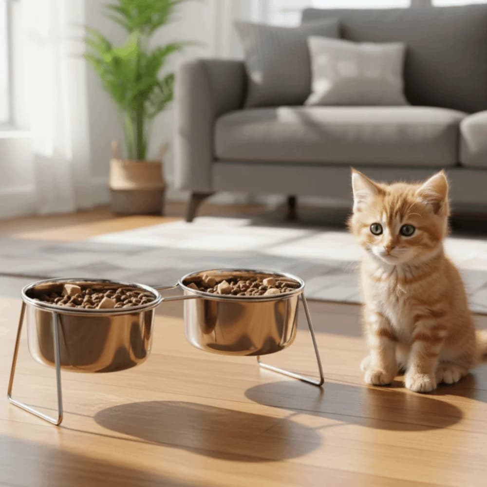 Ciotola per gatti in acciaio inossidabile antiribaltamento con supporto Alimentatore per cani con piede alto resistente alla caduta Robusta ciotola per cibo per animali domestici anti-perdite