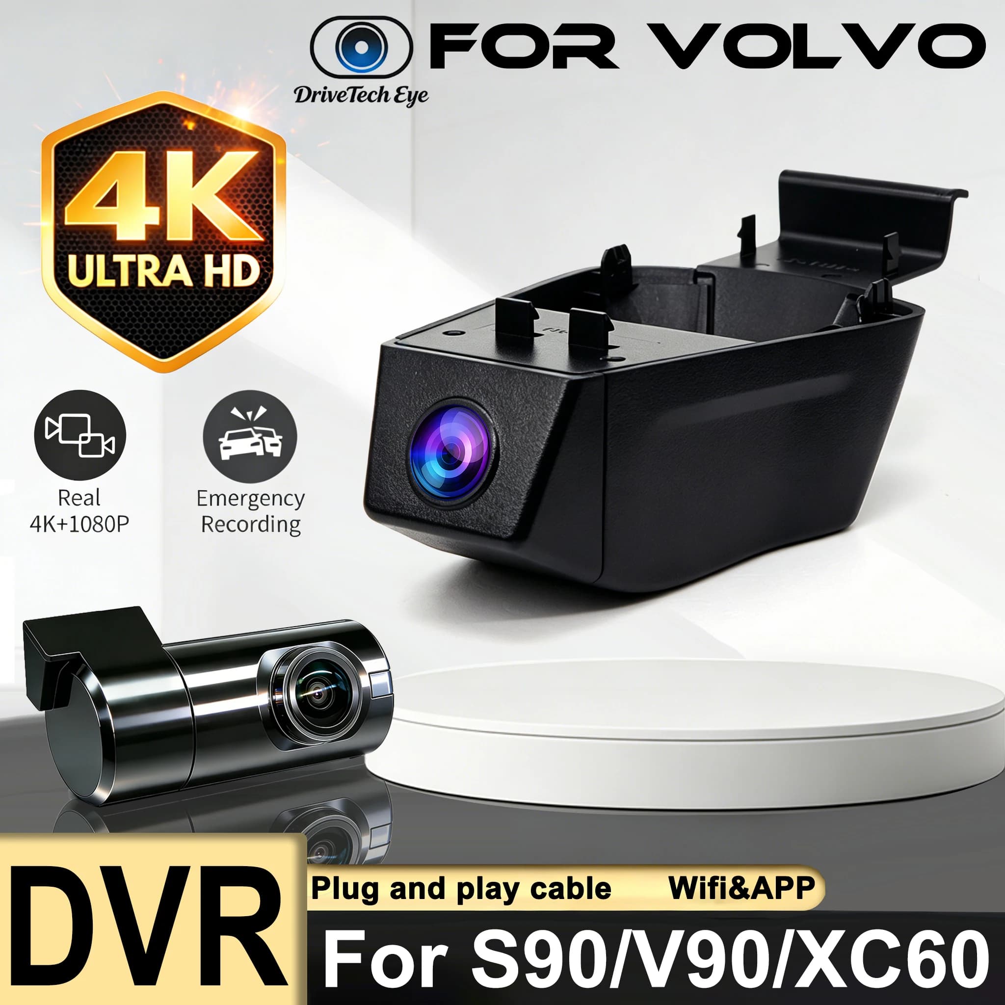 Dash Cam 4K for VOLVO XC60 S90 V90 2022 2023 2024,Plug and Play Car DVR Dashcam Camera Video Recorder WiFi APP Monitor Dashcam