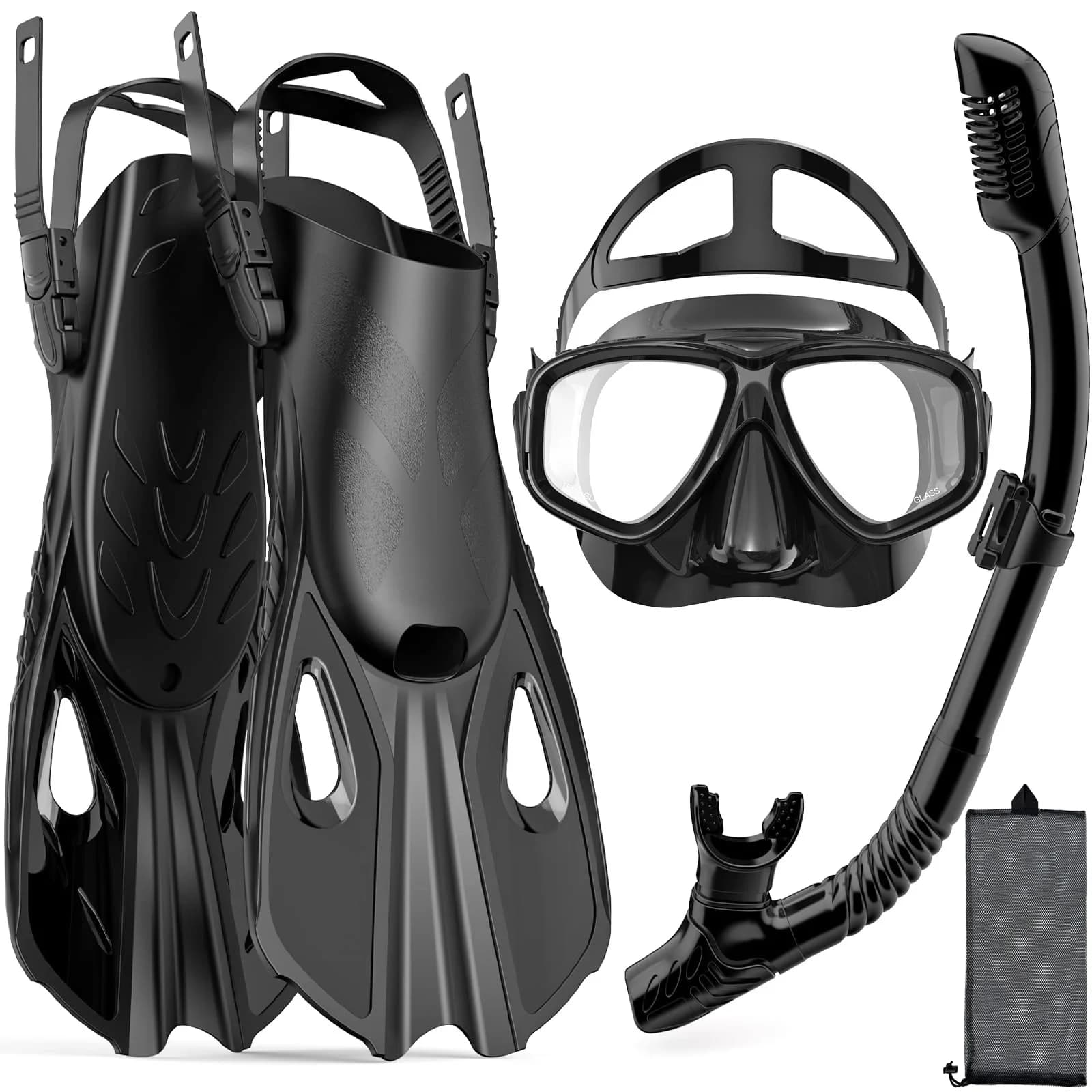 Maschera Pinne Snorkel Set 4 in 1 Vista panoramica Dry Top Pinne da immersione corte regolabili Borsa da viaggio Scuba Gear Immersioni Nuoto Adulti