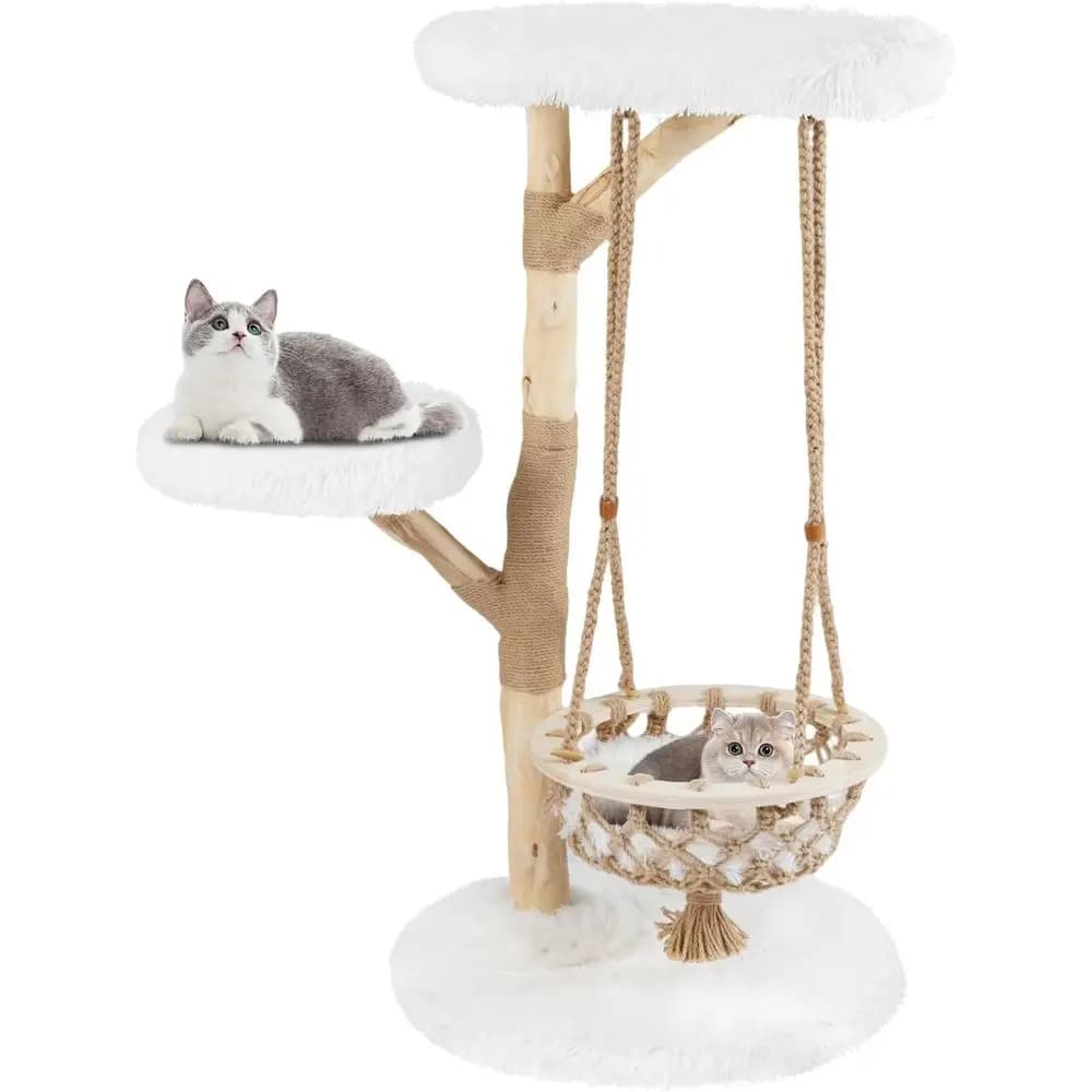 Tangkula Albero per gatti in legno massello, torre per gatti moderna con ramo naturale da 48,5 pollici con culla sospesa di lusso, tiragraffi in iuta, persico superiore,