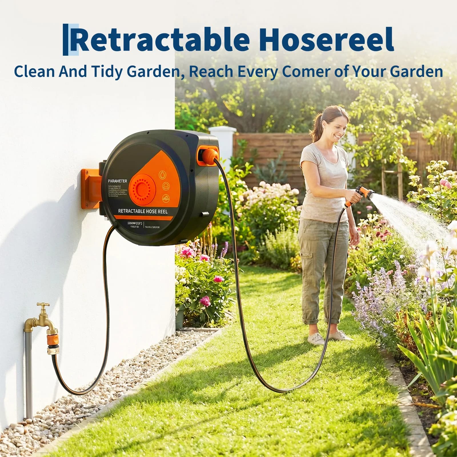Avvolgitubo da Giardino Retrattile, Avvolgitubo da Giardino Resistente Montabile a Parete con 10 Ugelli Spray, Retrazione Lenta, 180° ° Supporto Girevole