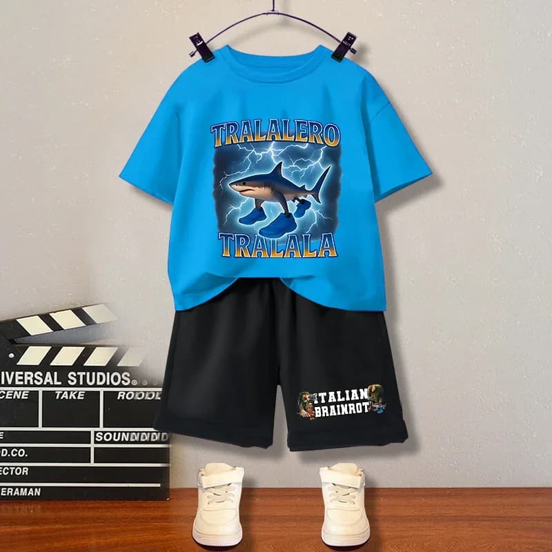 Italian Brainrot Shark T-shirt Suit for Children Tung Sahur Tops+shorts 2pcs Set Pajamas Pant Home Wear Clothes Gift