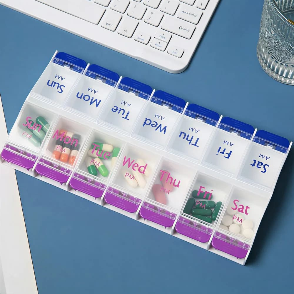 Weekly Folder with Button, 7 Days AM PM, 14 Departments, Double Row Portable Organizer for Vitamins, Integrators, Travel