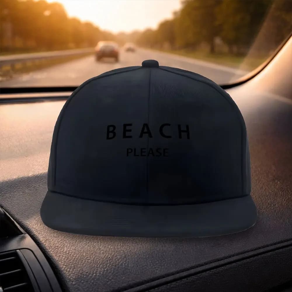 Unisex Classic Flat Brim Baseball Cap Fashionable BEACH PLEASE Print Design Black Casual Hat Suitable for Outdoor Activities