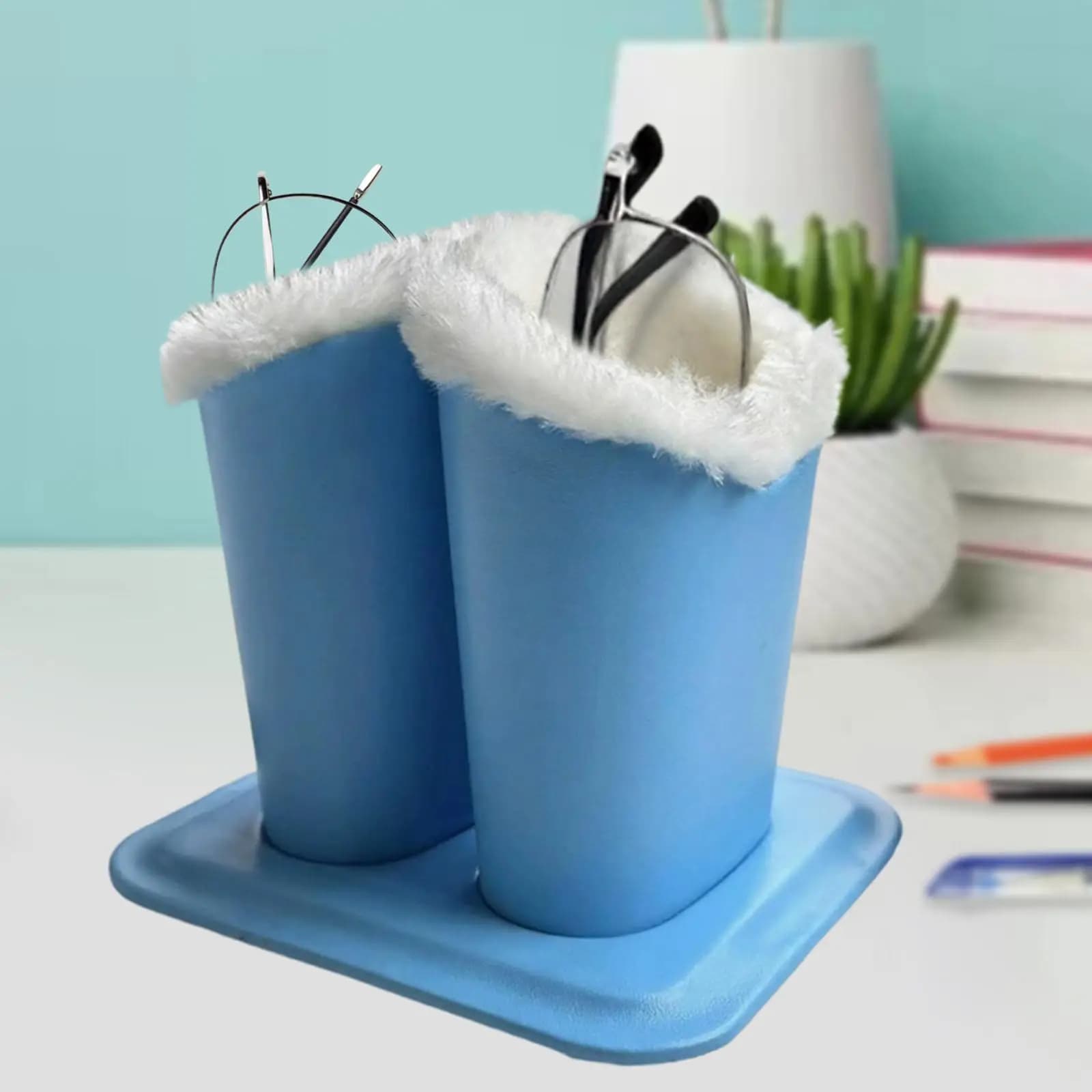 Portaocchiali Foderato in Peluche, Espositore per Occhiali a Doppia Testa in Pelle PU, Organizzatore per Occhiali da Scrivania e Comodino
