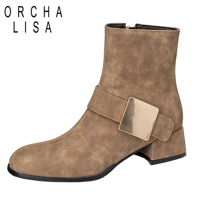 ORCHA LISA 2025 Fashion Ankle Boots for Women Round Toe Block Heels 4cm Zipper Metal Decoration Large Size 46 47 48 Casual Bota