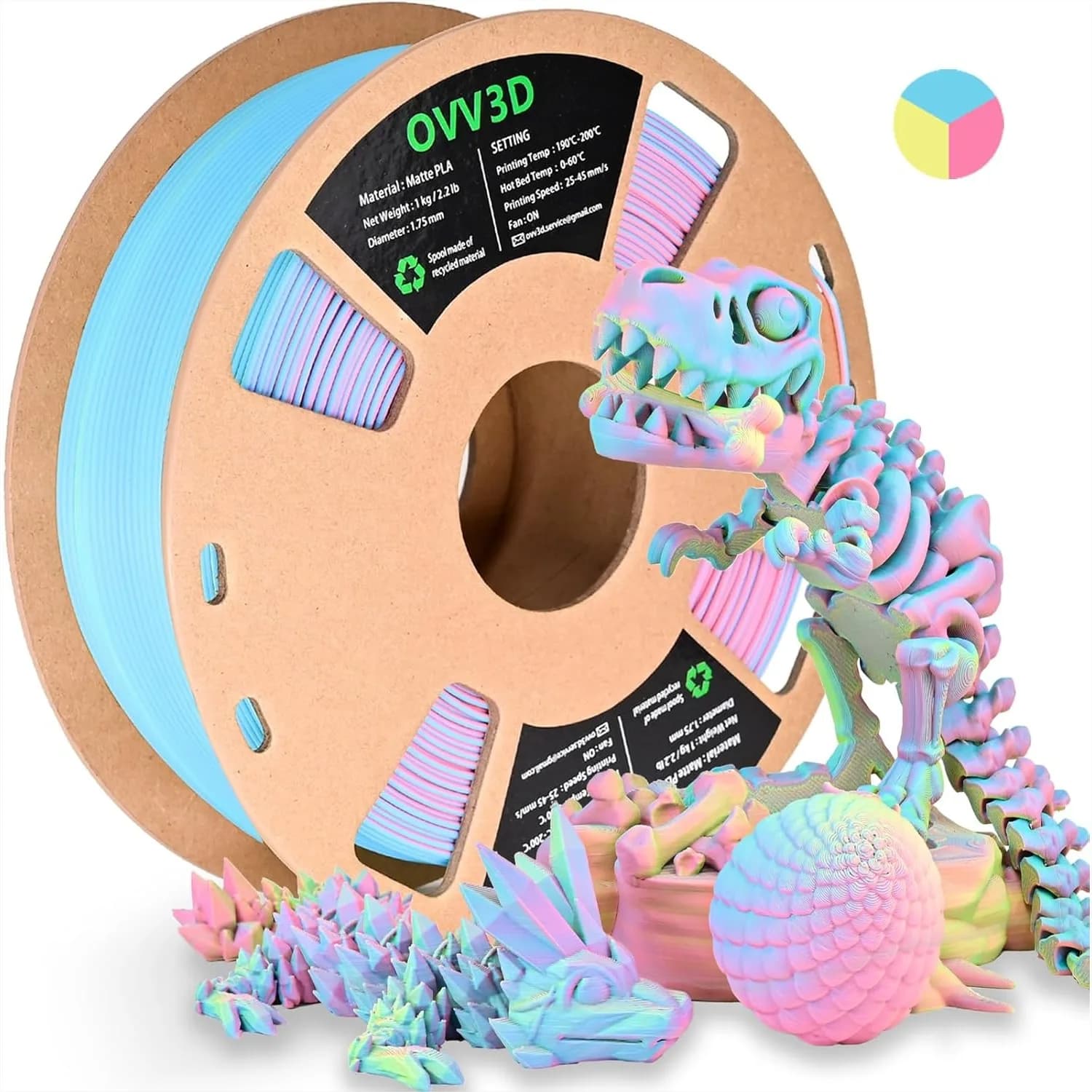 Filamento PLA Opaco Tricolore Arcobaleno 1.75mm, Rosa Giallo Blu Macaron per Stampa 3D Fluida, Ecologico