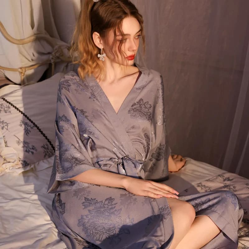 Elegante Vestaglia Lunga da Donna, Kimono, Accappatoio, Abito da Casa, Sexy in Seta Ghiaccio Jacquard Satinata, Pigiameria e Abbigliamento Comodo