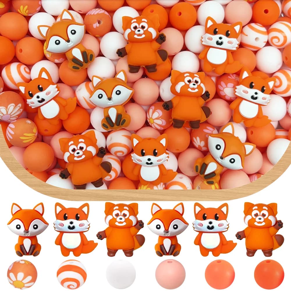 6/25/56Pcs Fox Series Silicone Beads Set DIY Beaded Necklace Bracelet Decoration Pen Jewelry Pendant Etc. Holiday Birthday Gift
