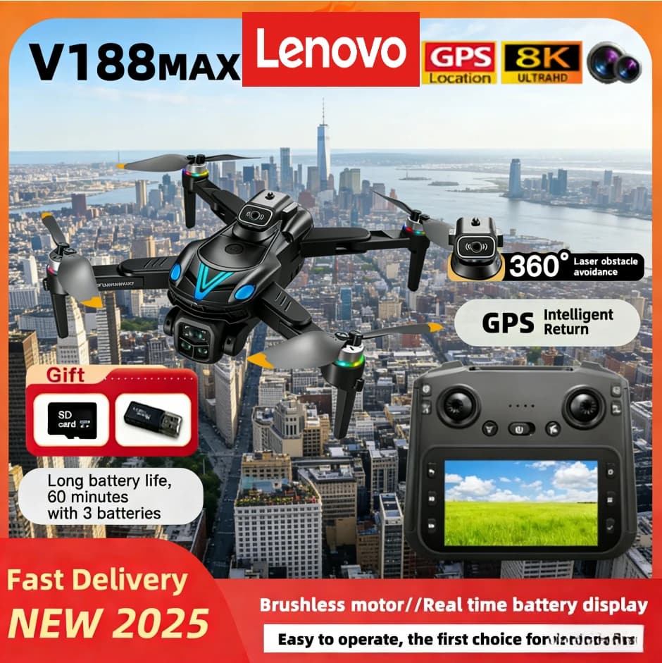 Professional Lenovo V188MAX GPS Drone with 8K Camera, FPV Aircraft, Avoidance Obstacles, Remote Control with Screen, Foldable
