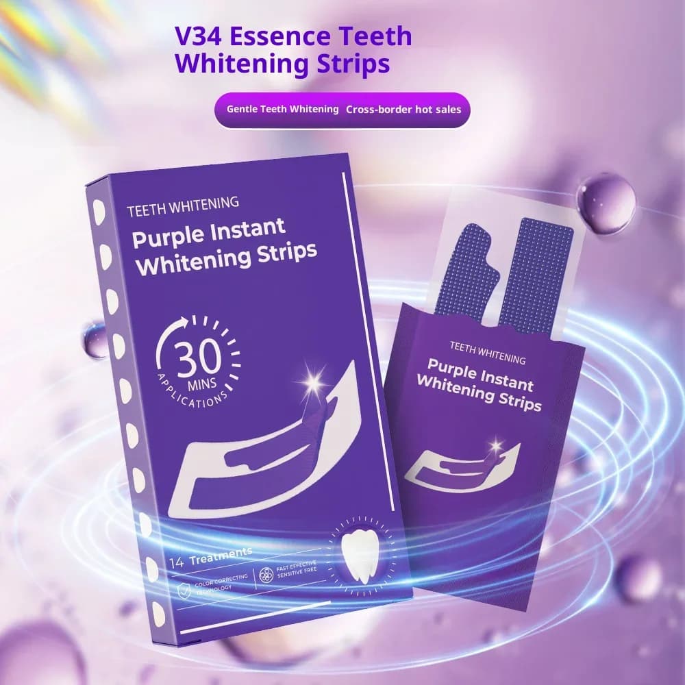 V34 sensitivityless purple tooth whitening strips, tooth whitening strips, color concealer, teeth instant cleaning strips, whiter teeth