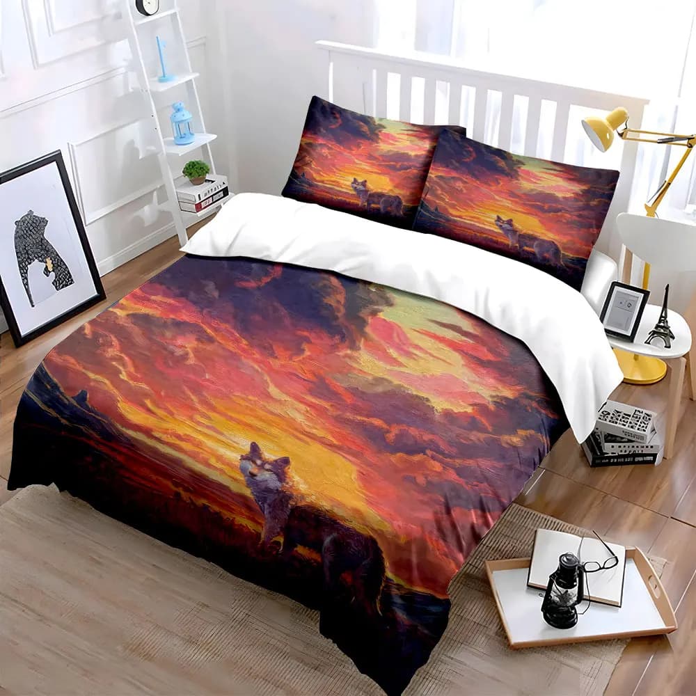 Set decorativo con paesaggio al tramonto e lupo, morbido e confortevole set di biancheria da letto con copripiumino, include 1 copripiumino e 2 federe, regalo