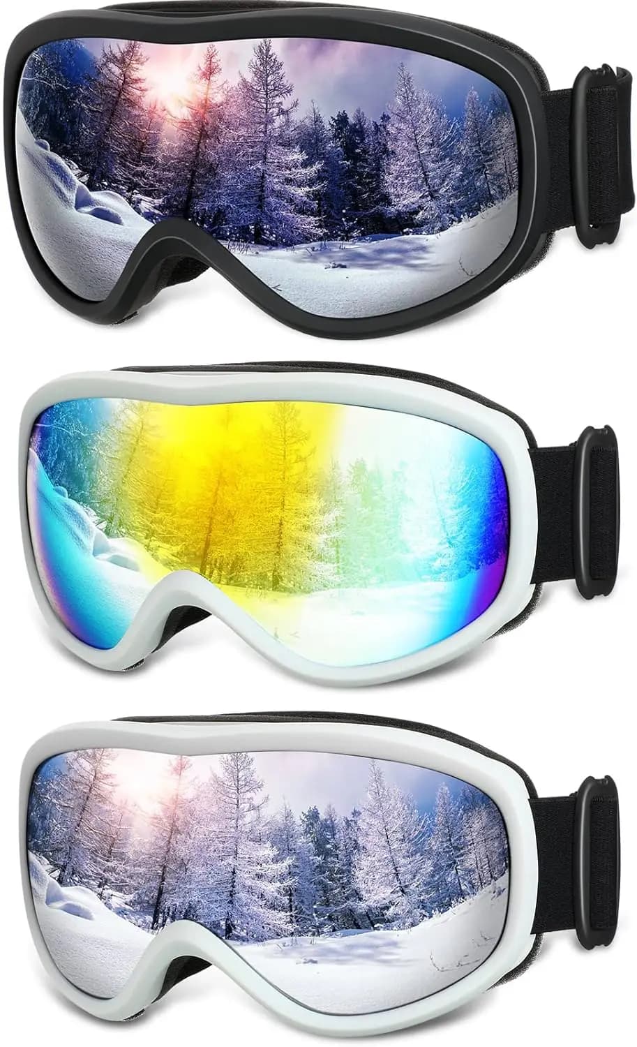 3 Paia di Occhiali da Sci Sovrapponibili agli Occhiali da Vista, Protezione UV, Antiappannamento, per Uomo e Donna, Sport Invernali