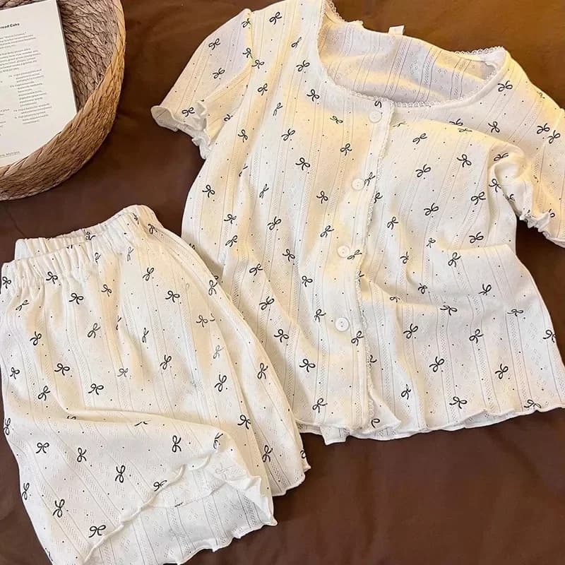 Sweet Girl Short-Sleeve and Shorts Pajamas with Chest Pads and Bow, New Summer Homewear Set, Thin and Breathable Women's Clothin