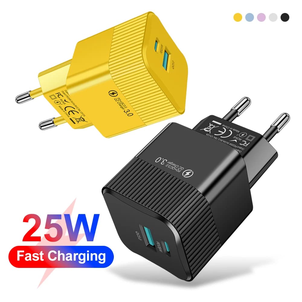 Caricabatterie Rapido USB C PD da 25W con Doppia Porta, Adattatore da Muro Mini da Viaggio con Spina KR EU US per iPhone 15 Pro Max e Telefoni OnePlus, Ricarica Veloce