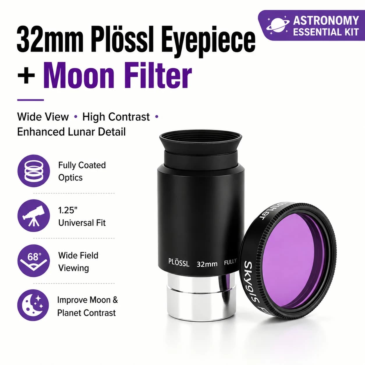 Plossl 32mm Eyepiece + Purple Filter 1.25'' Telescope Kit Wide Field Astronomy Lens for Moon Galaxy Nebula Viewing