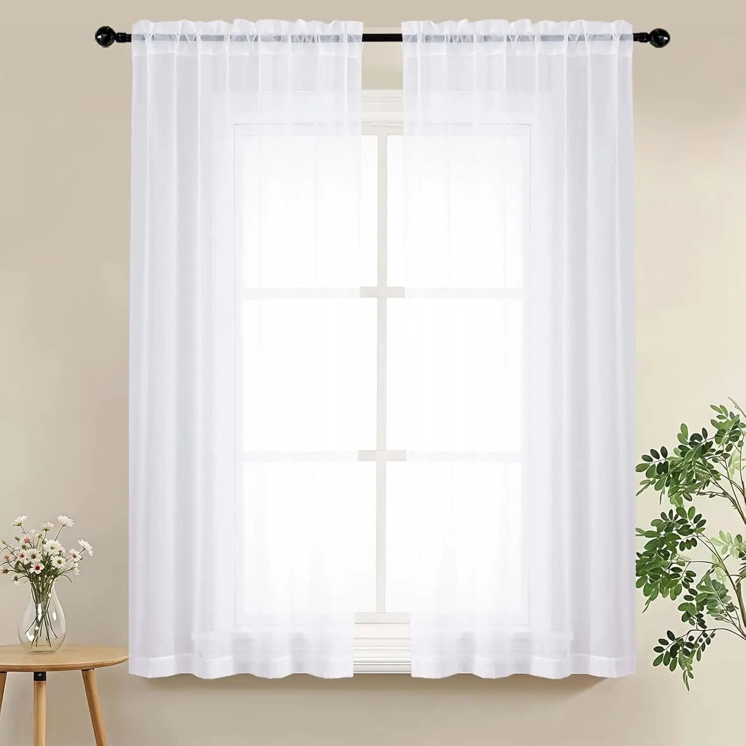 White Sheer Curtains 63 Inch Length for Bedroom - Light Filtering Voile Curtains 2 Panels Soft Rod Pocket Window Treatments W42