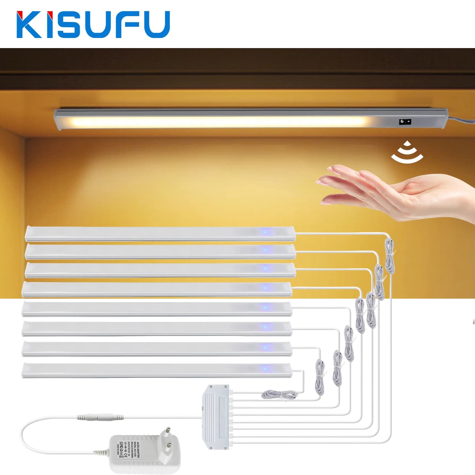 1-8Pcs LED Under Cabinet Light Kitchen 12V With Hand Scan Motion Sensor Touch Switch 30/40/50CM Dimmable Aluminium Bar Lamp Tube