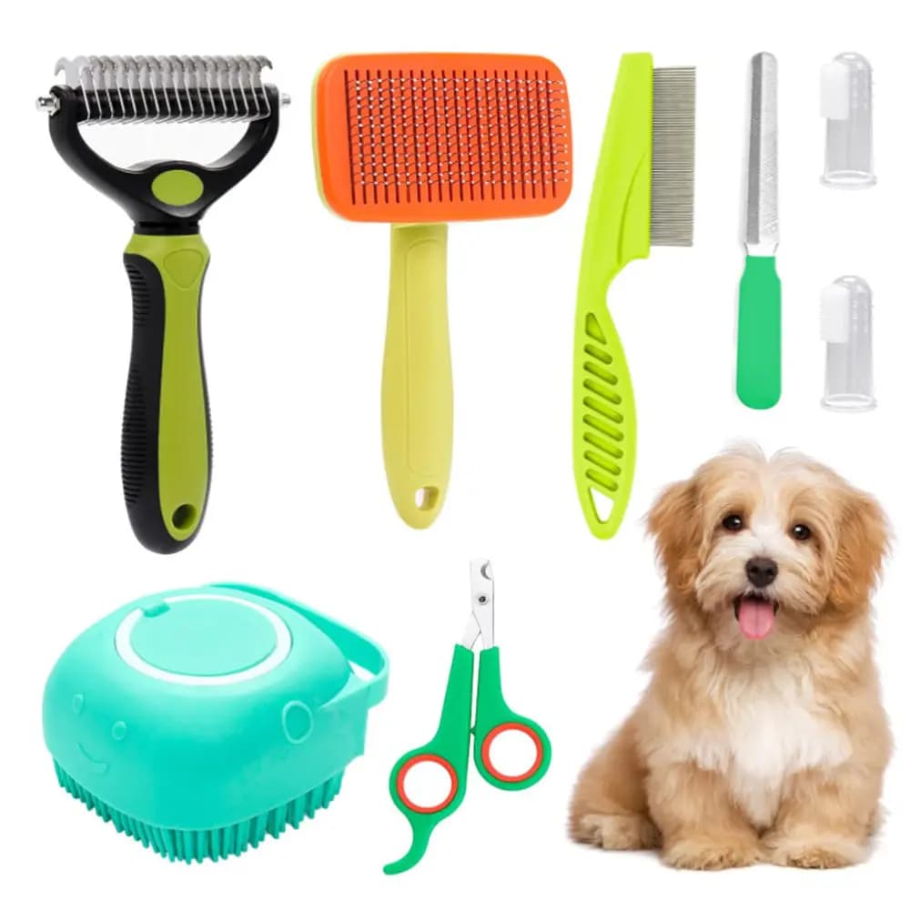 Set di bellezza per spazzole per cani da 8 pezzi, set autopulente per animali domestici, con tagliaunghie e lime per animali domestici, pettine per pulci, spazzola per doccia per shampoo per animali domestici