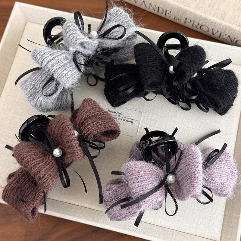 1 pezzo di artiglio per capelli con fiocco in nastro di perle in filato di stile coreano autunno/inverno, nuovo accessorio per capelli con clip di squalo e panino squisito di fascia alta