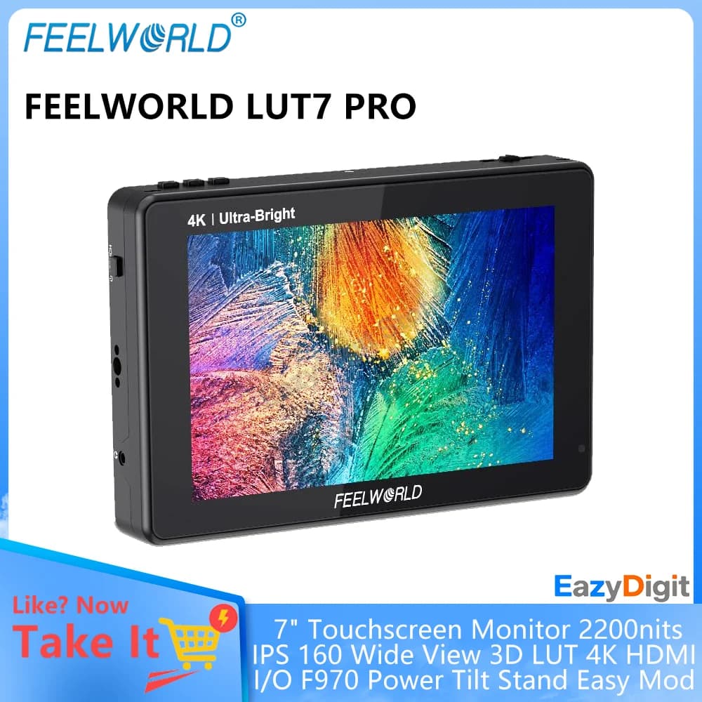 Monitor Touchscreen FEELWORLD LUT7 PRO 7\" 2200nits IPS 160° Ampio Angolo di Visione 3D LUT 4K HDMI I/O Supporto Inclinabile F970 Facile Modifica