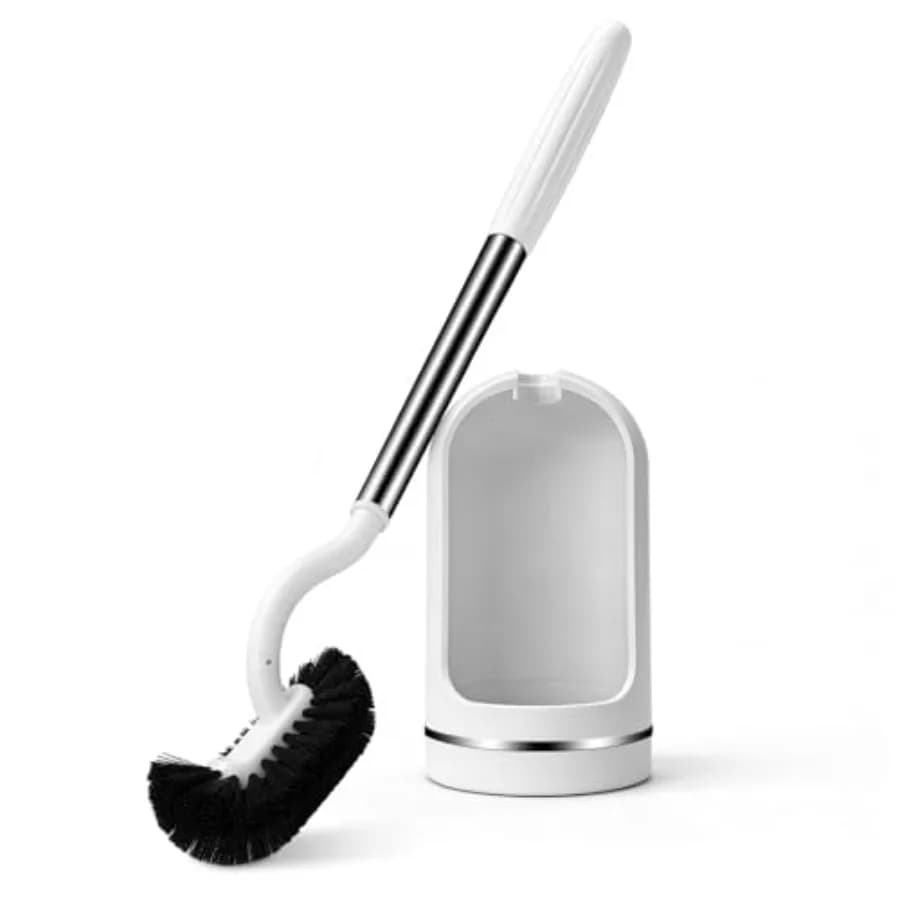 Toilet Brush and Holder Set, Curved Toilet Brush with Stainless Steel Handle, Under Rim Toilet Bowl Brush for Deep Cleaning, Dr