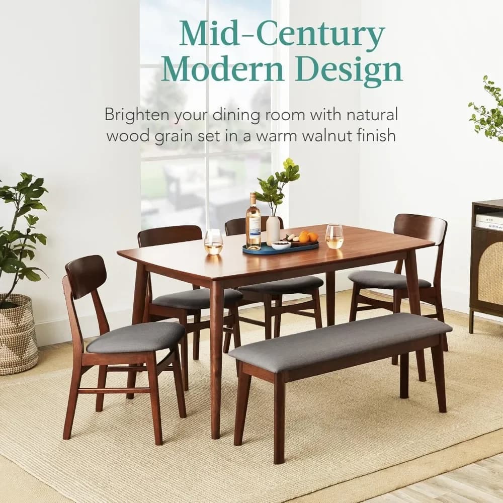 Best Choice Products Set da pranzo in legno da 6 pezzi, tavolo moderno Mid-Century e set di sedie imbottite con panca,