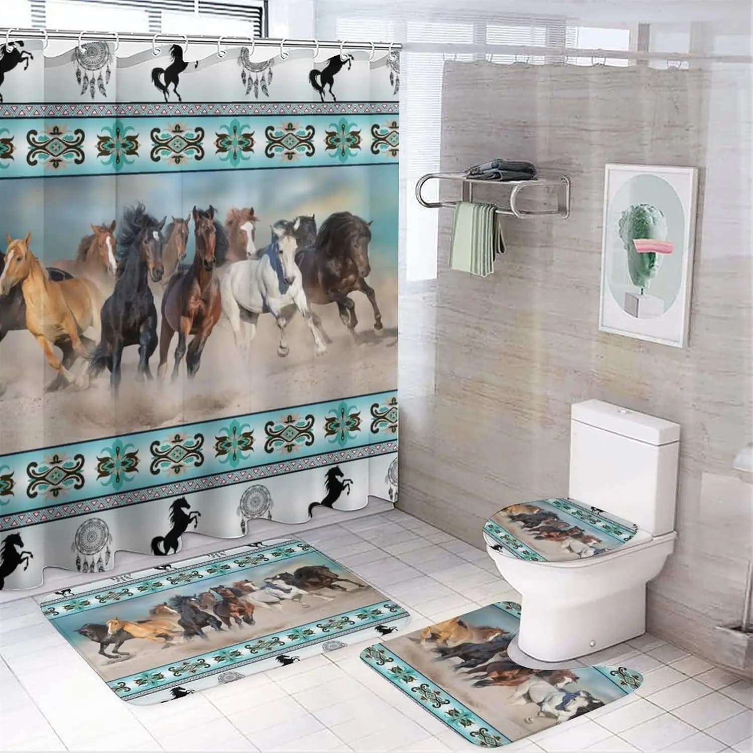 Native Americans Horse 4 Pcs Waterproof Shower Curtain Set,Abstract Tribal Farmhouse Aztec Dream Catcher Horse with Waterproof