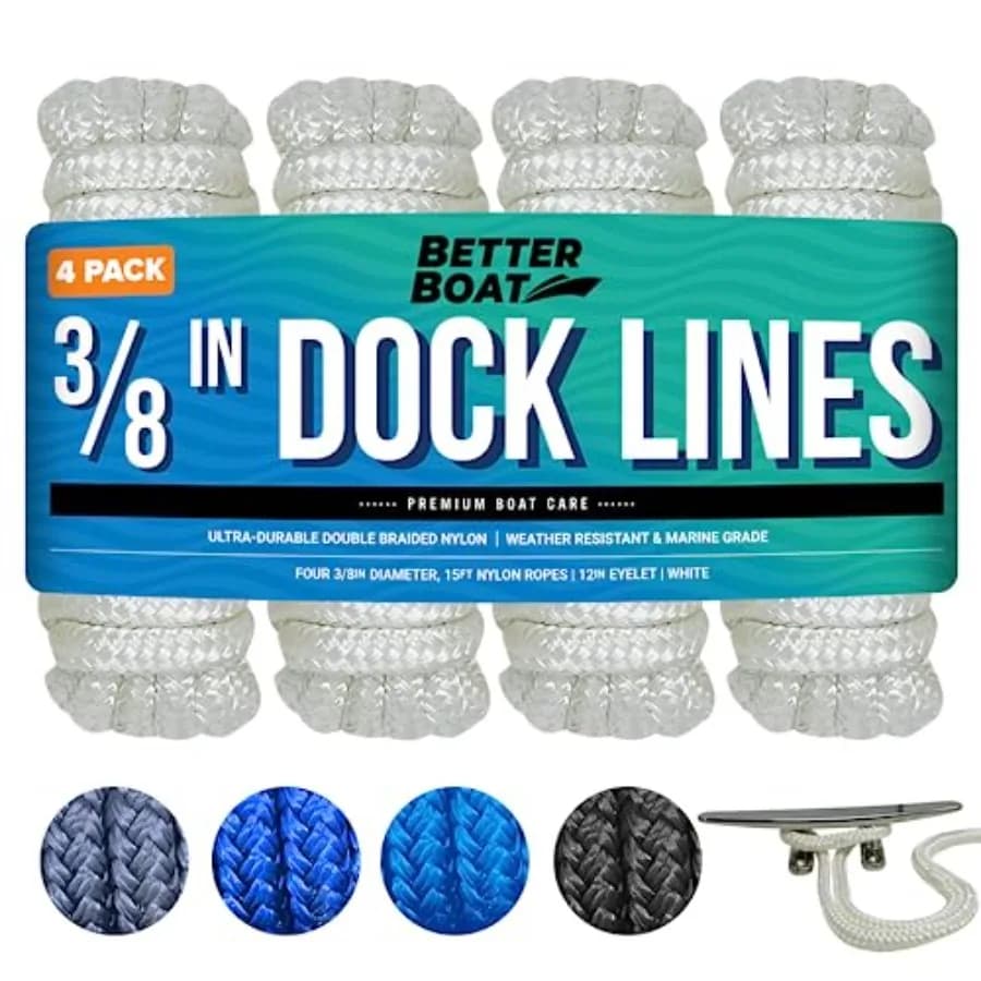 Corde di ormeggio per barche, confezione da 4, in nylon a doppia treccia con anello da 12 pollici, linea di ormeggio di grado marino per l'attracco, bianco